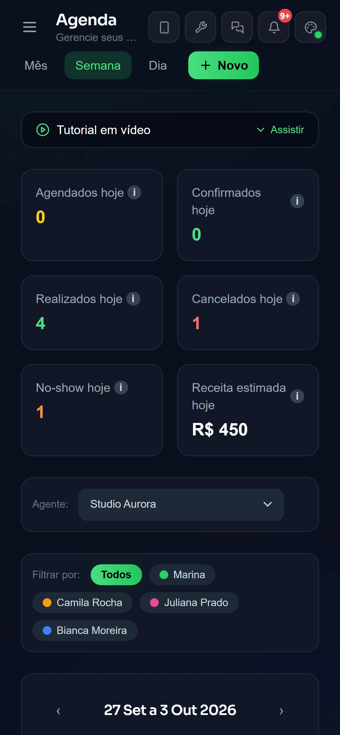 Agenda semanal com os horários marcados pelo agente