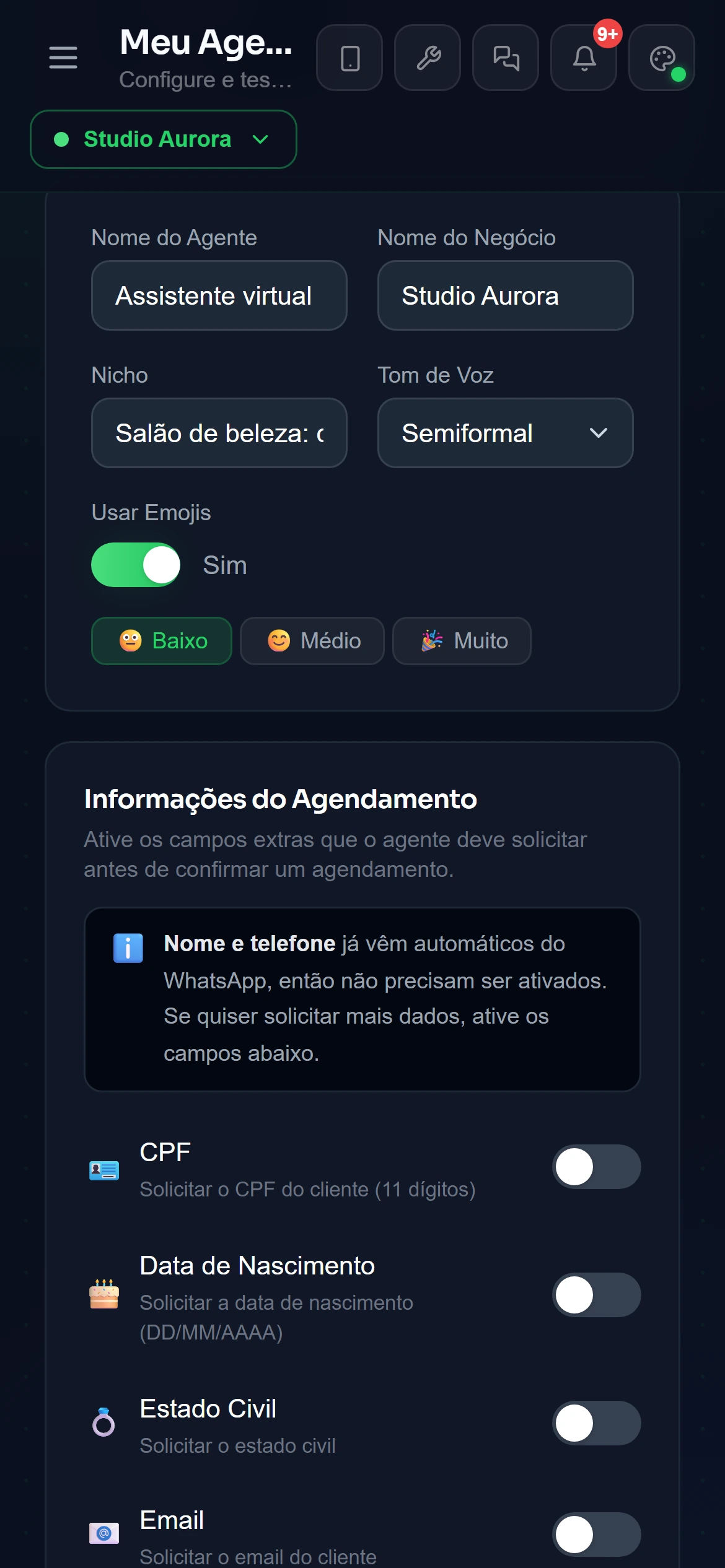 Configuração do agente de IA: nome, tom de voz, serviços e horários