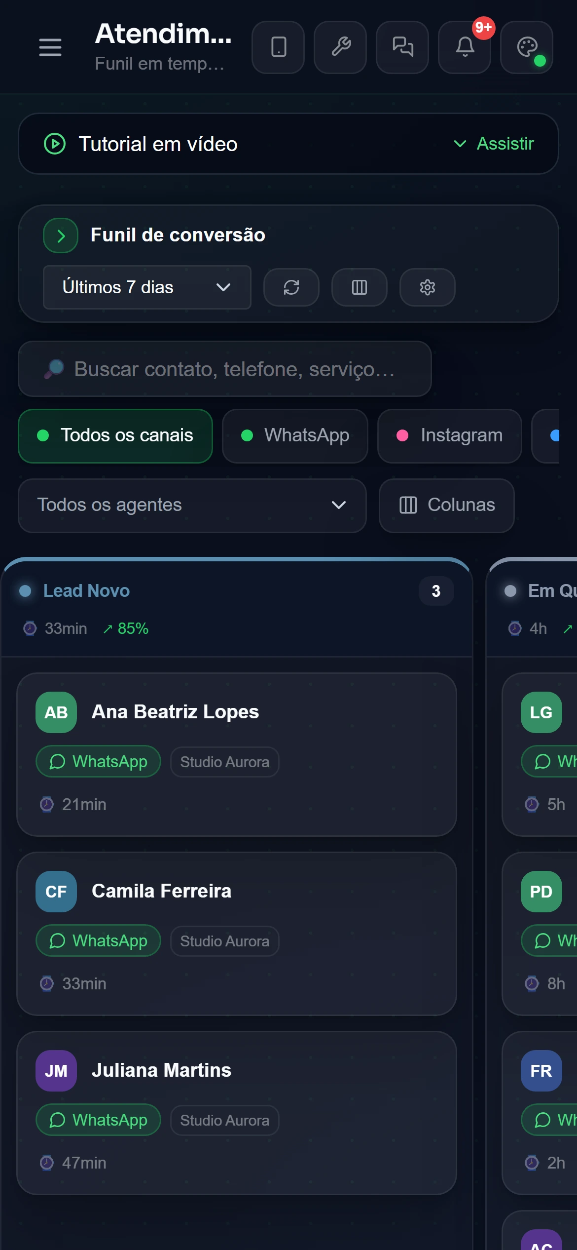 Funil de atendimento em colunas, do primeiro contato ao pagamento