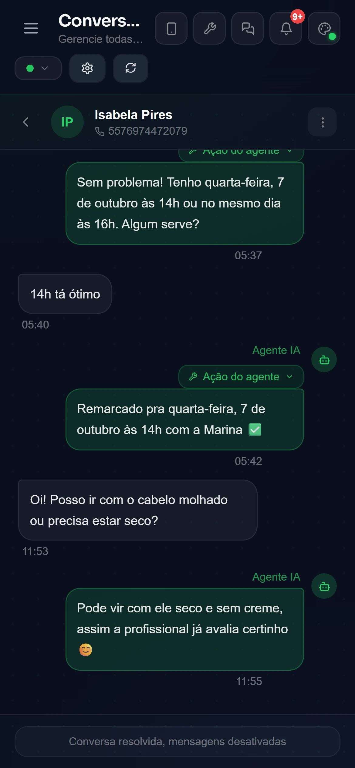 Caixa de conversas do WhatsApp atendidas pelo agente de IA