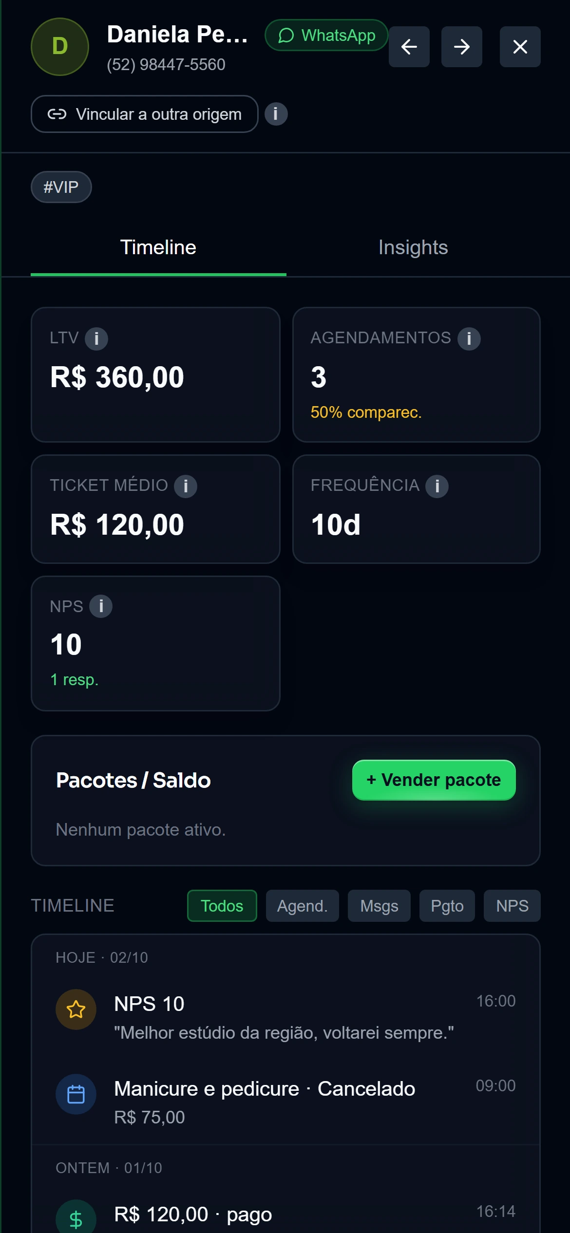 Ficha de clientes com histórico e etiquetas