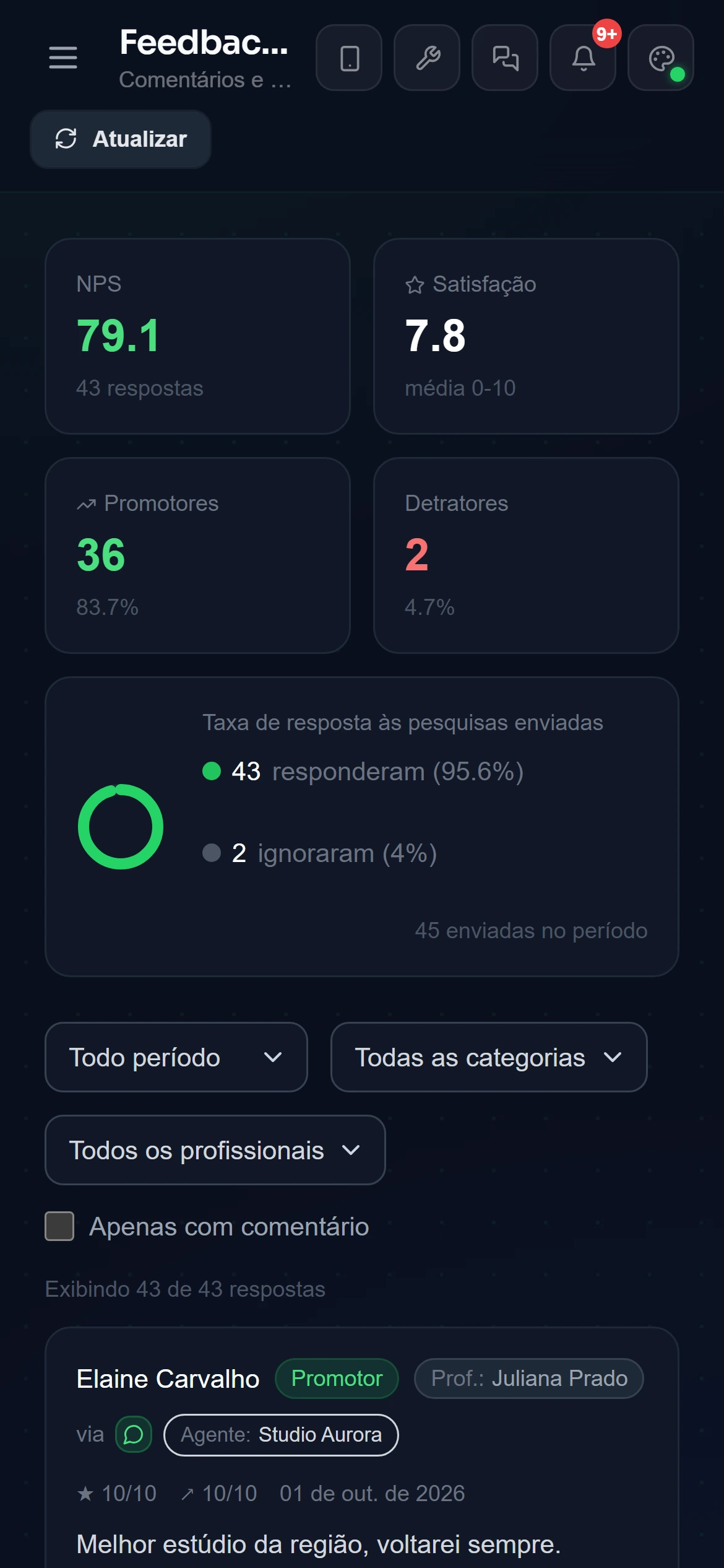 Avaliações dos clientes com NPS e comentários depois do atendimento