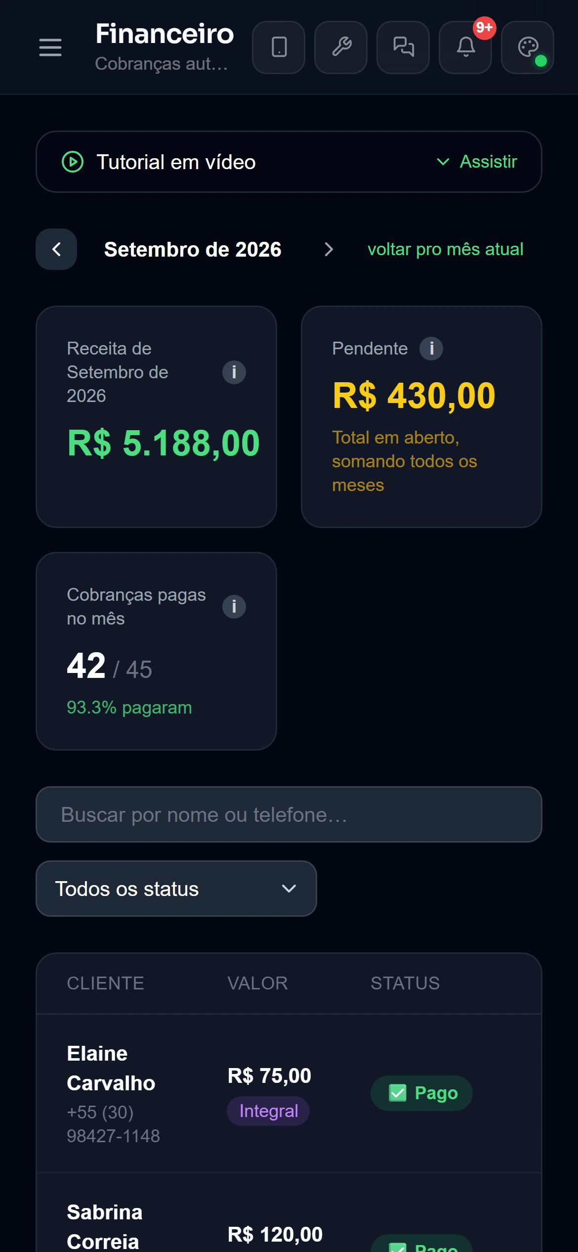 Financeiro com as cobranças Pix pagas e pendentes