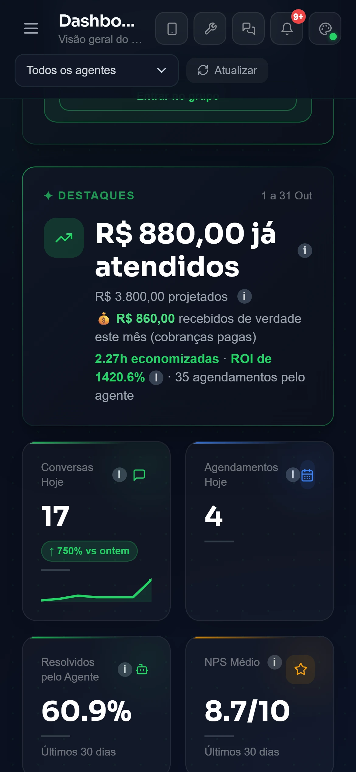 Painel da OctoSolve com conversas, agendamentos e receita do mês