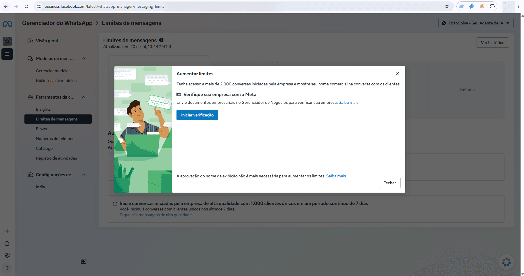Tela de limites de mensagens com o card de verificação