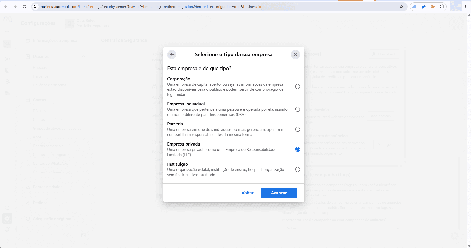 Seleção do tipo de empresa