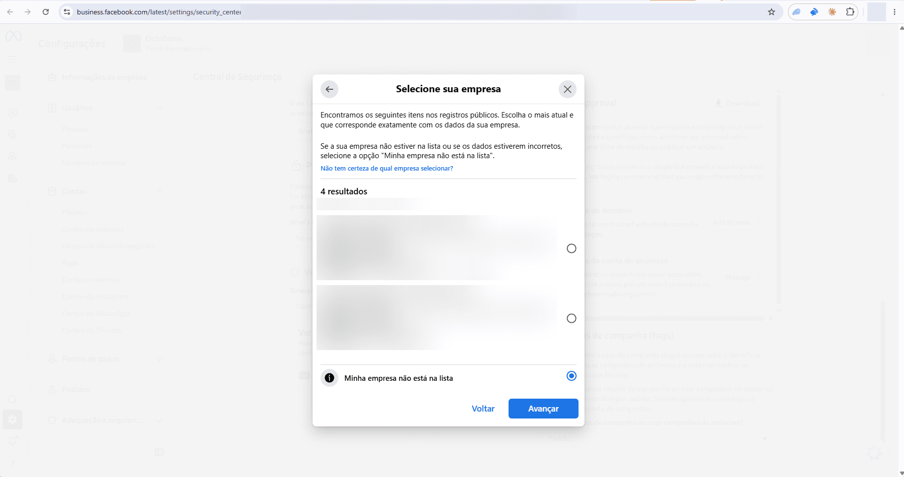 Tela de seleção de empresa nos registros públicos
