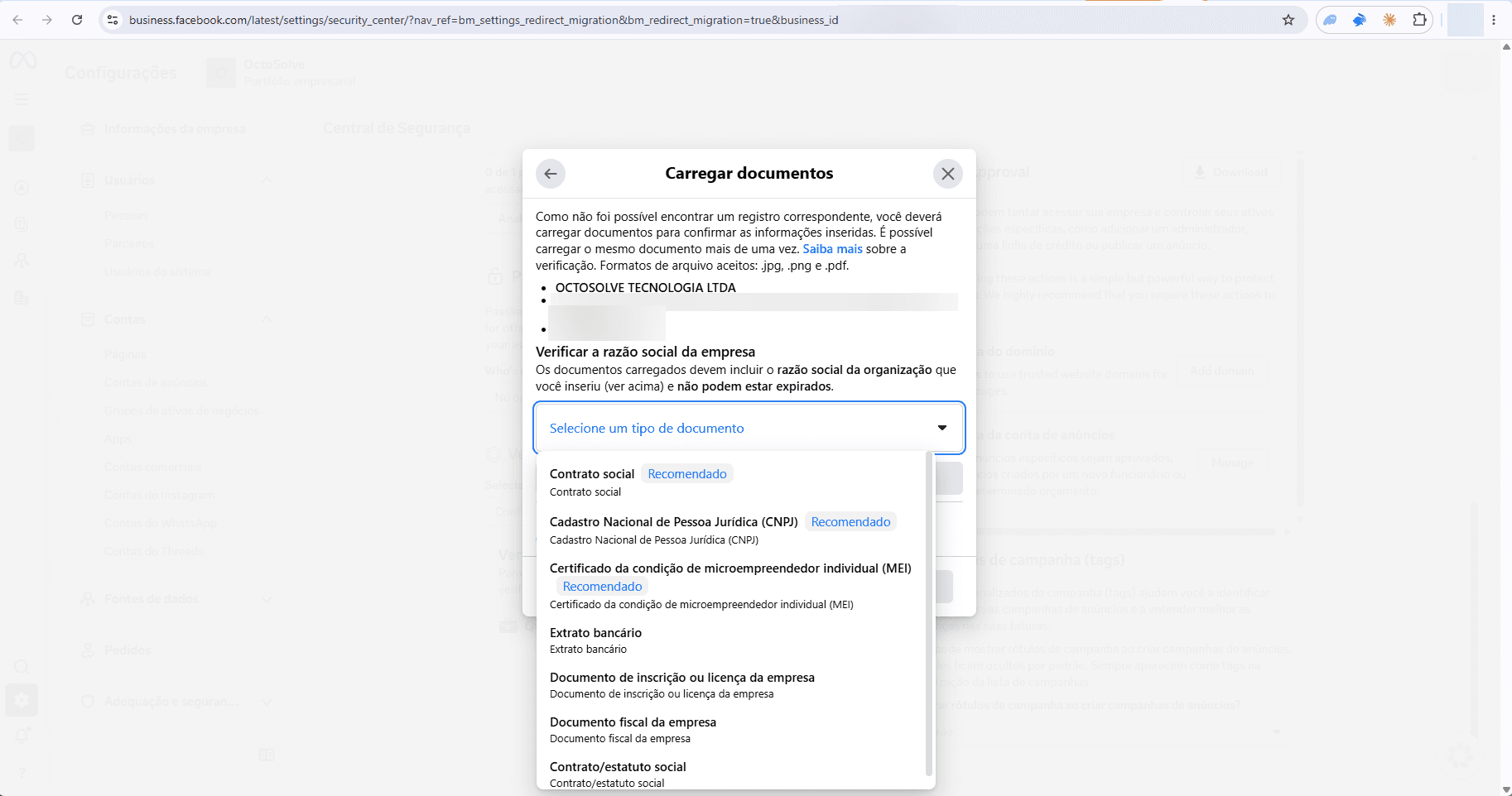 Menu com os tipos de documento aceitos