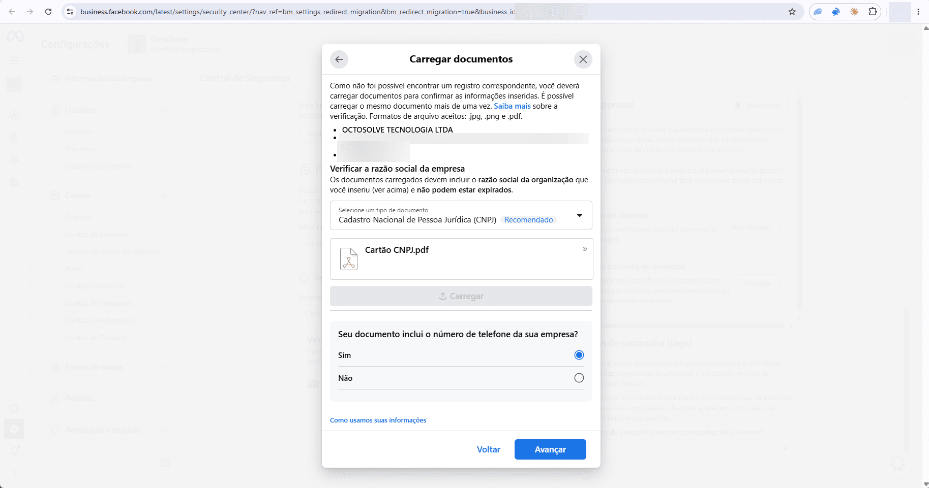 Documento anexado e a pergunta sobre o telefone