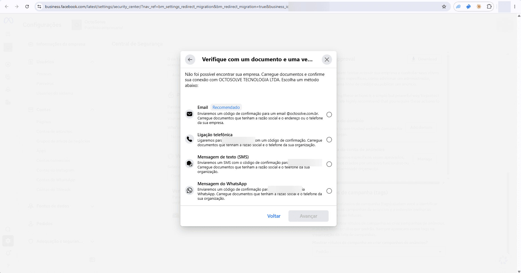 Métodos de confirmação, com e-mail entre eles