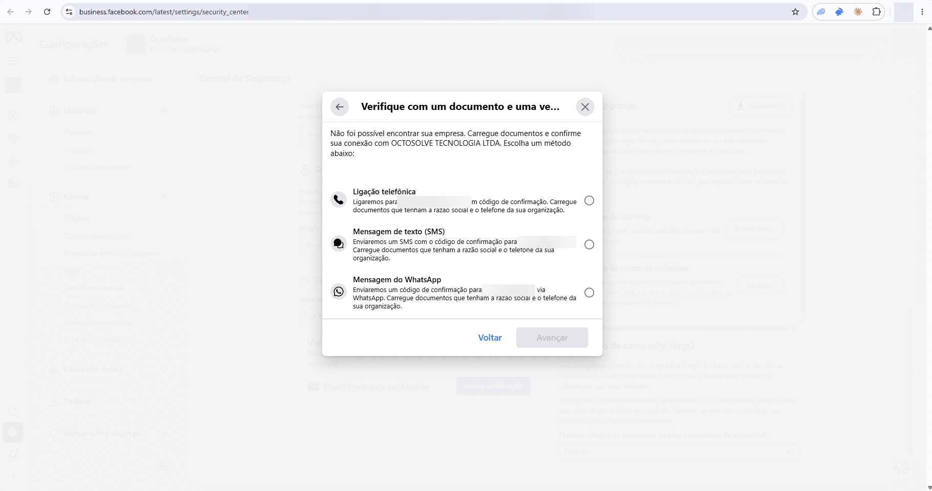 Métodos de confirmação sem a opção de e-mail