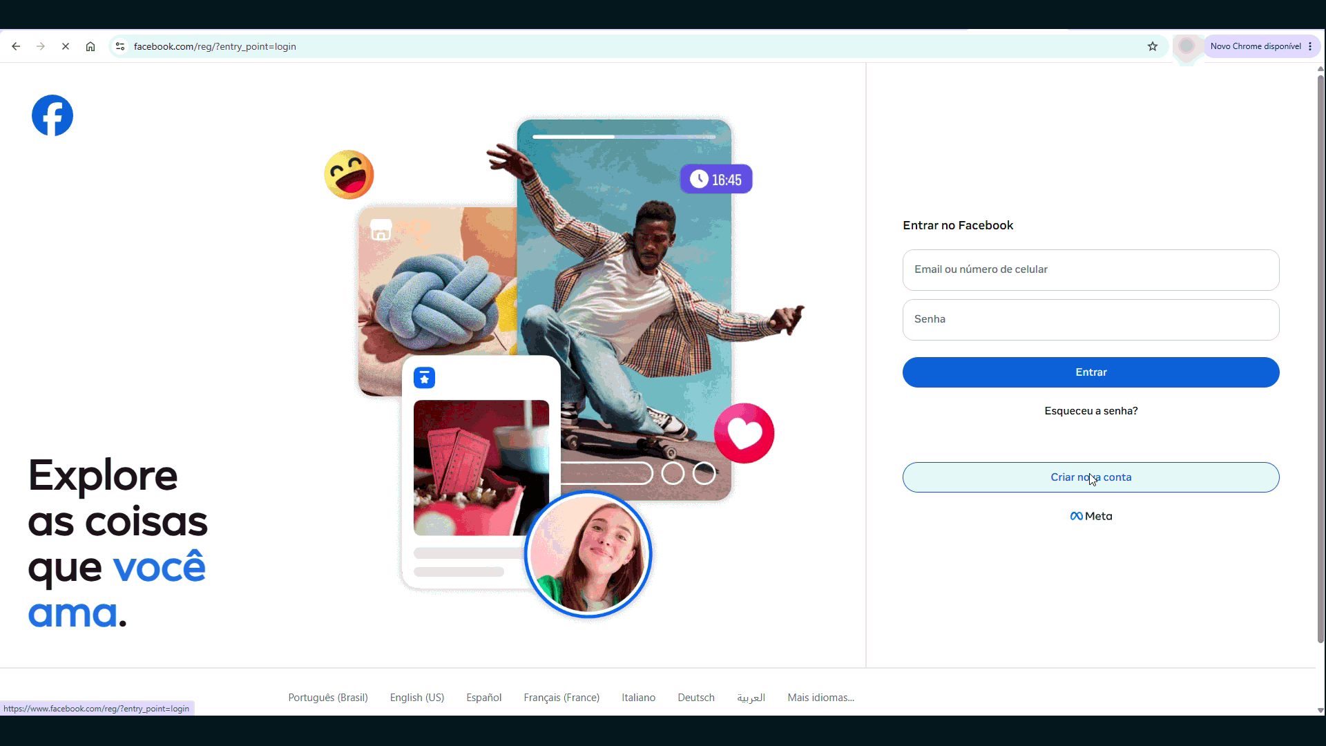 Tela inicial do Facebook com o botão Criar nova conta
