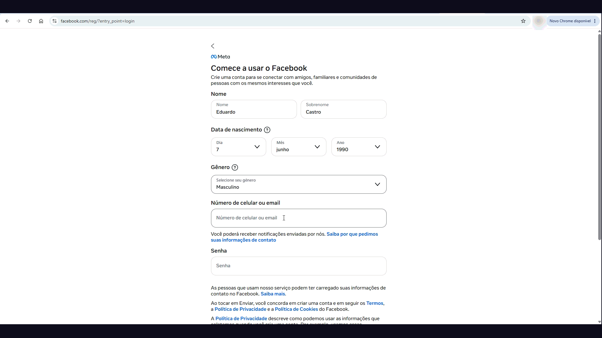 Formulário de criação de conta do Facebook com nome, data de nascimento, gênero, e-mail e senha