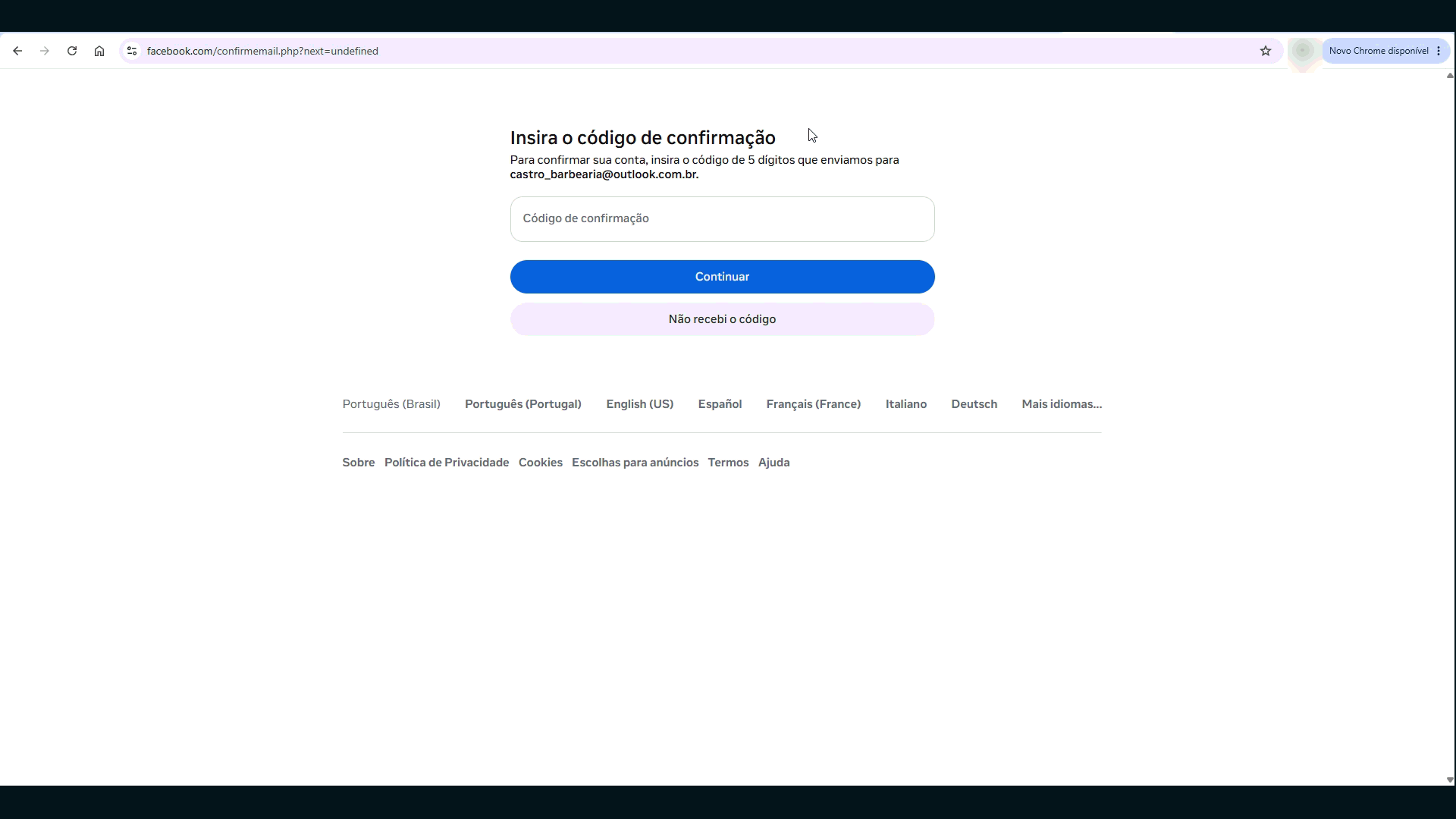 Tela do Facebook pedindo o código de confirmação enviado para o e-mail