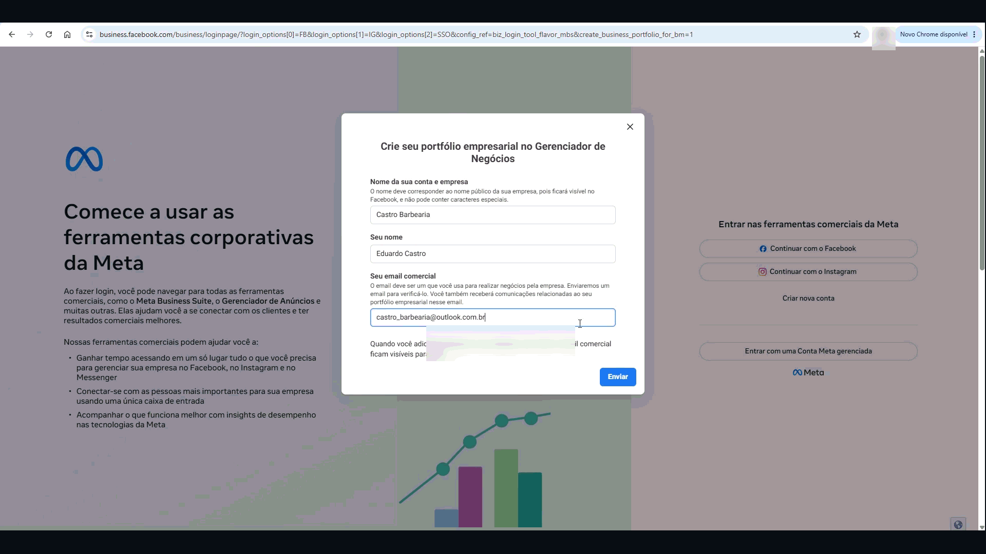 Janela da Meta para criar o portfólio empresarial, com nome da empresa, seu nome e e-mail comercial