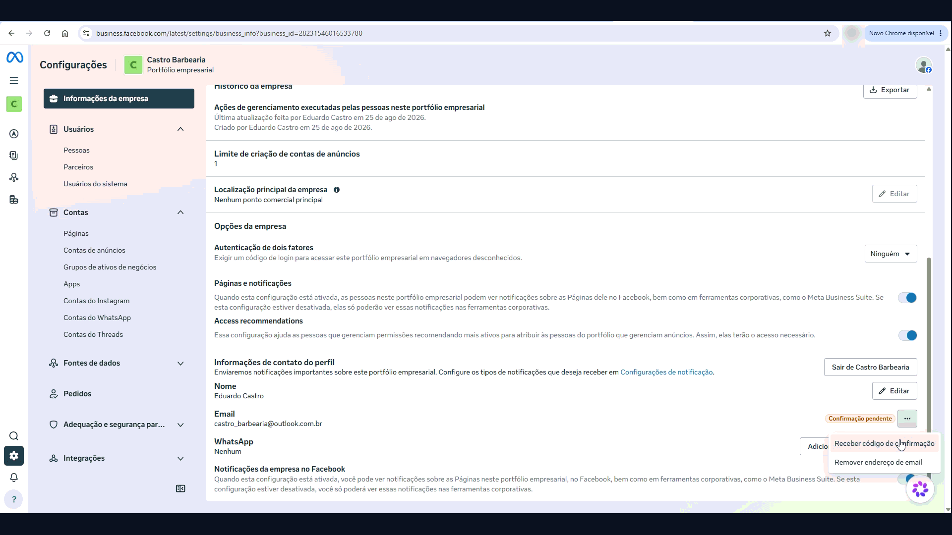 Informações de contato do perfil com o e-mail marcado como Confirmação pendente e o menu Receber código de confirmação aberto