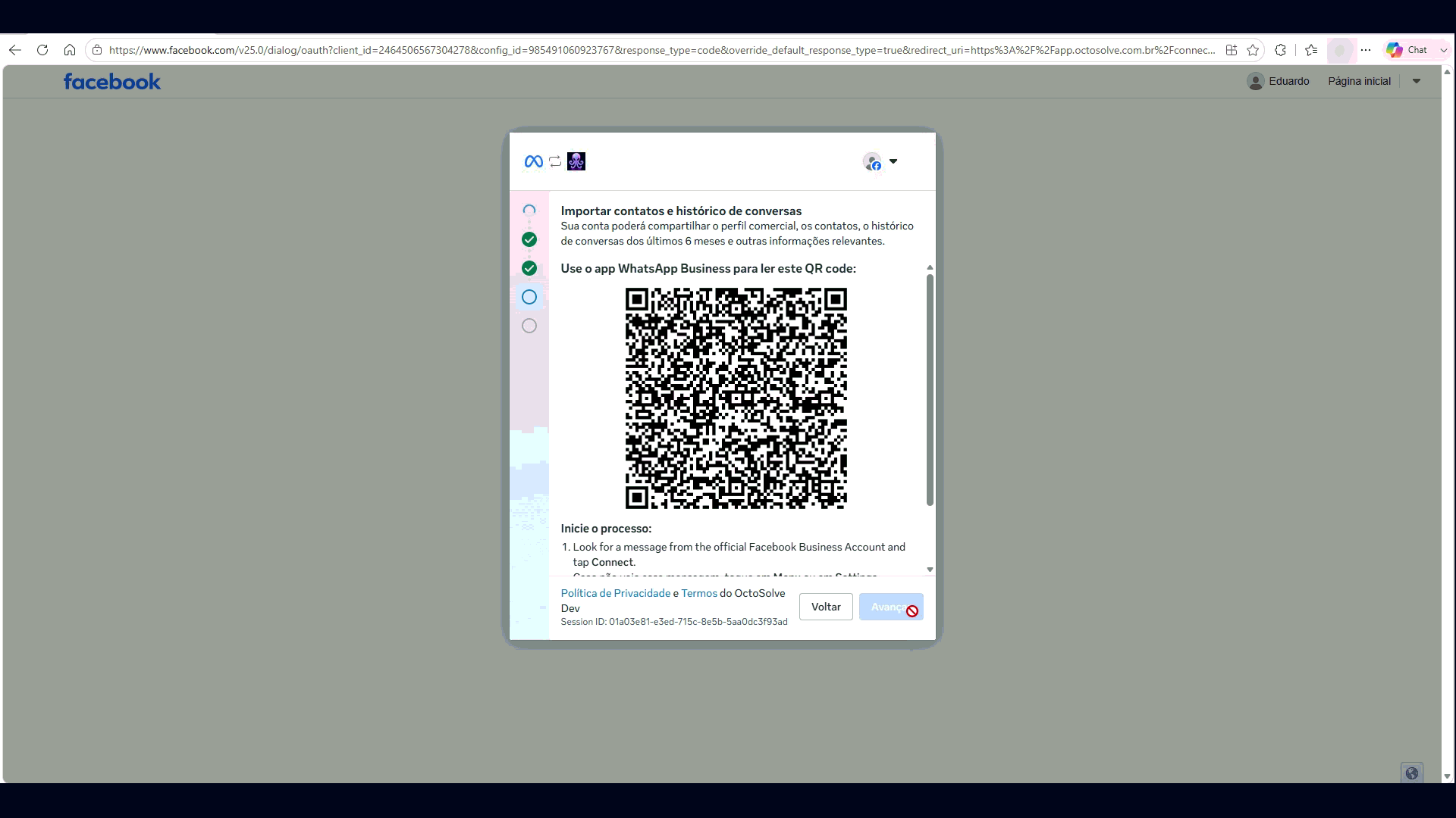 Janela da Meta mostrando o QR Code para ler com o app WhatsApp Business