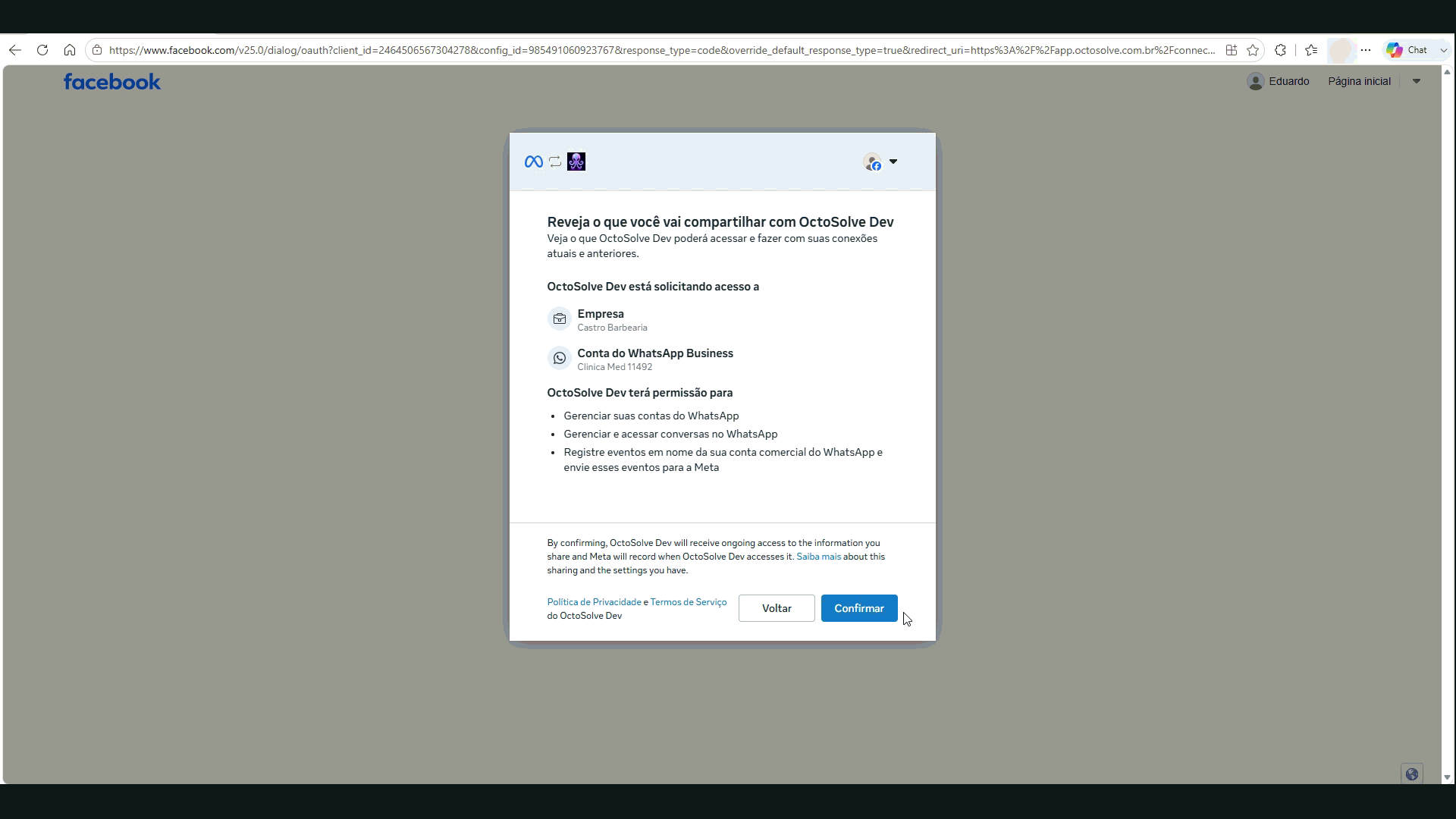 Tela da Meta revisando o que será compartilhado com a OctoSolve e as permissões concedidas