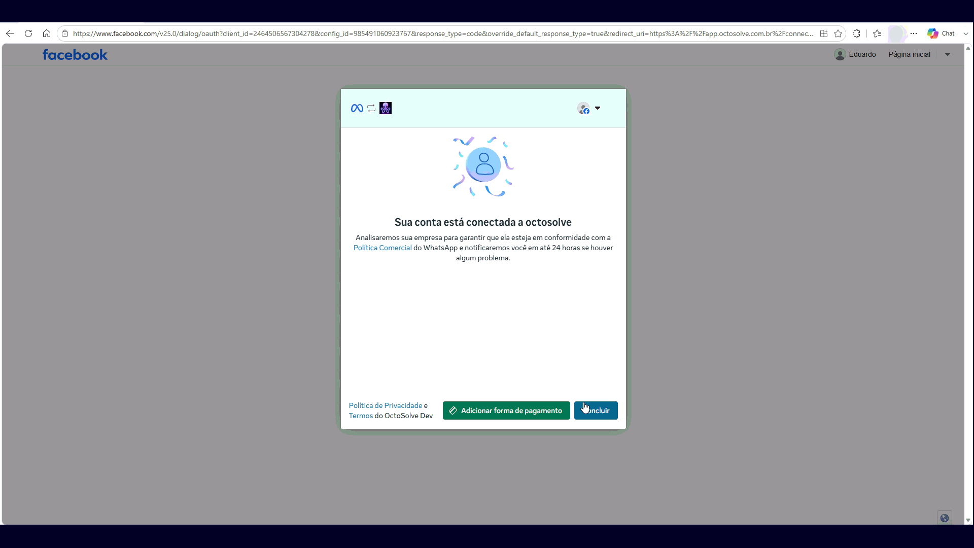 Tela da Meta avisando que a conta está conectada, com os botões Adicionar forma de pagamento e Concluir