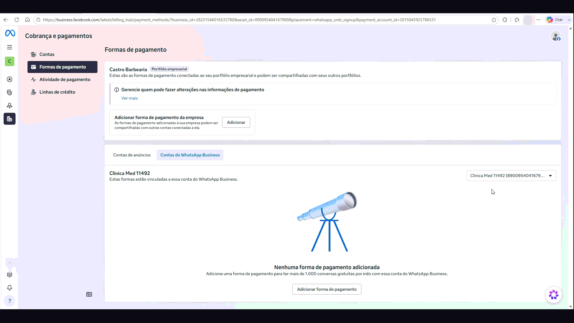Tela Cobrança e pagamentos da Meta com o aviso Nenhuma forma de pagamento adicionada
