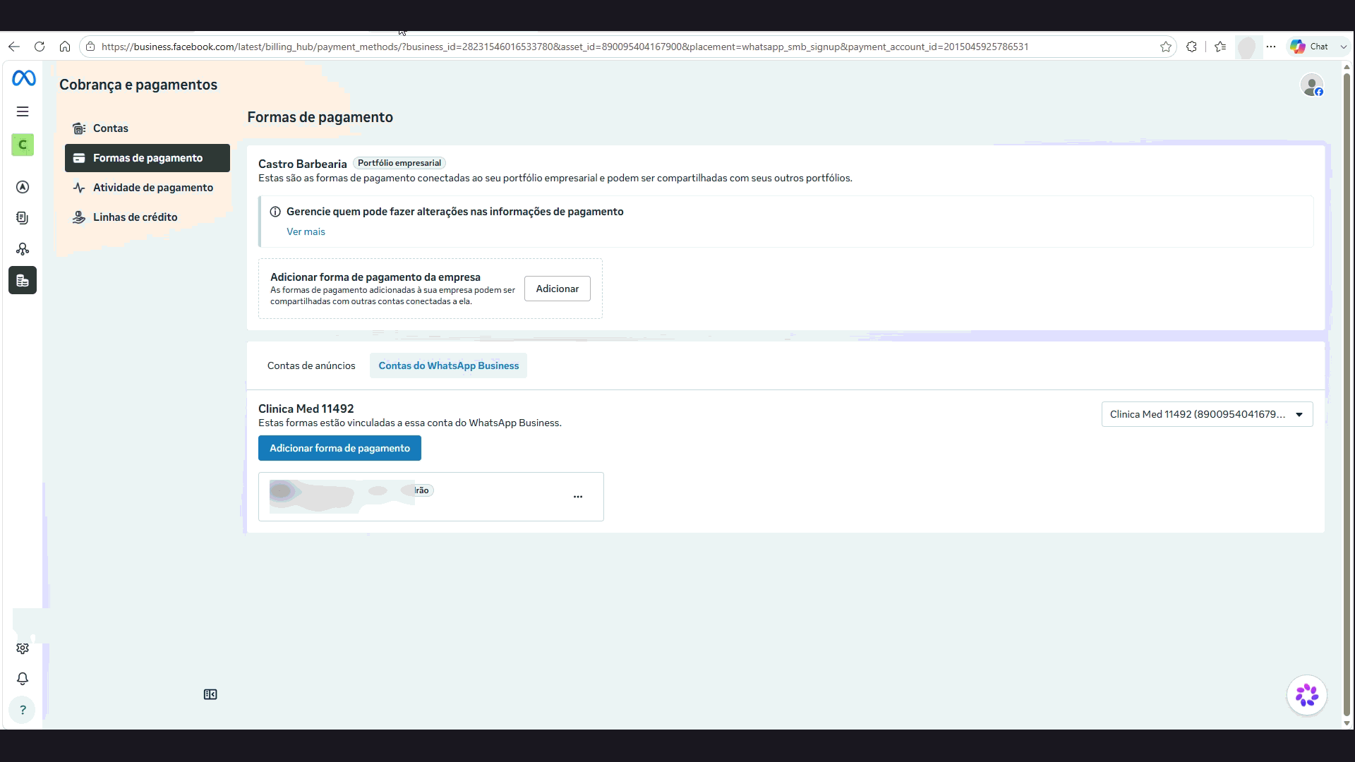 Tela de formas de pagamento da Meta já com um cartão adicionado à conta do WhatsApp Business