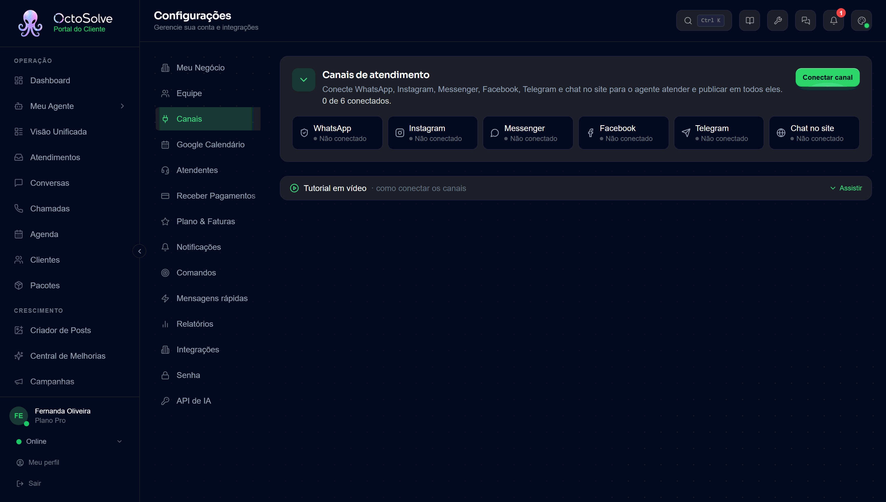 Tela de Configurações, aba Canais, com o quadro Canais de atendimento e o botão Conectar canal