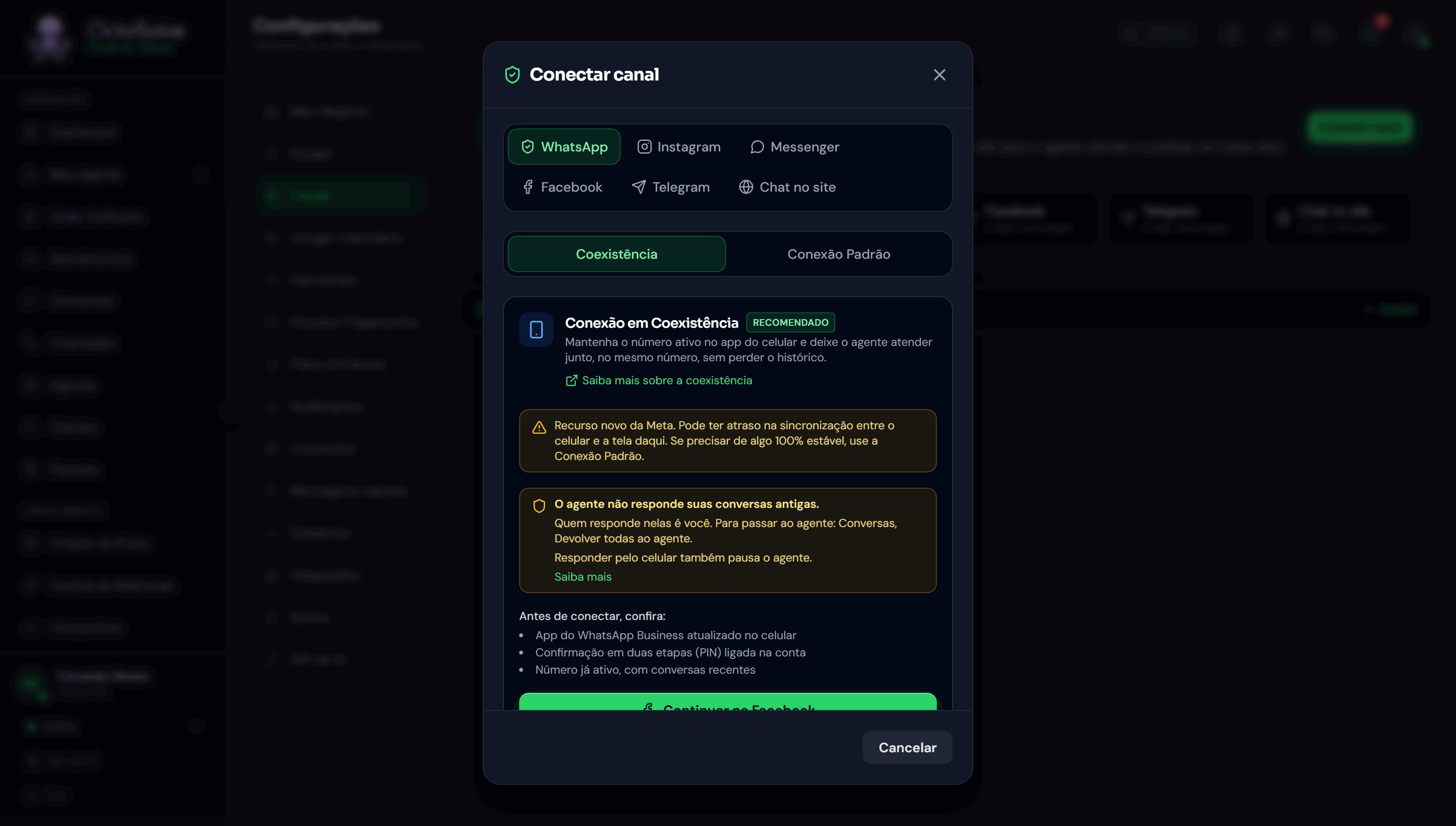 Janela Conectar canal com a aba WhatsApp e o modo Coexistência selecionados