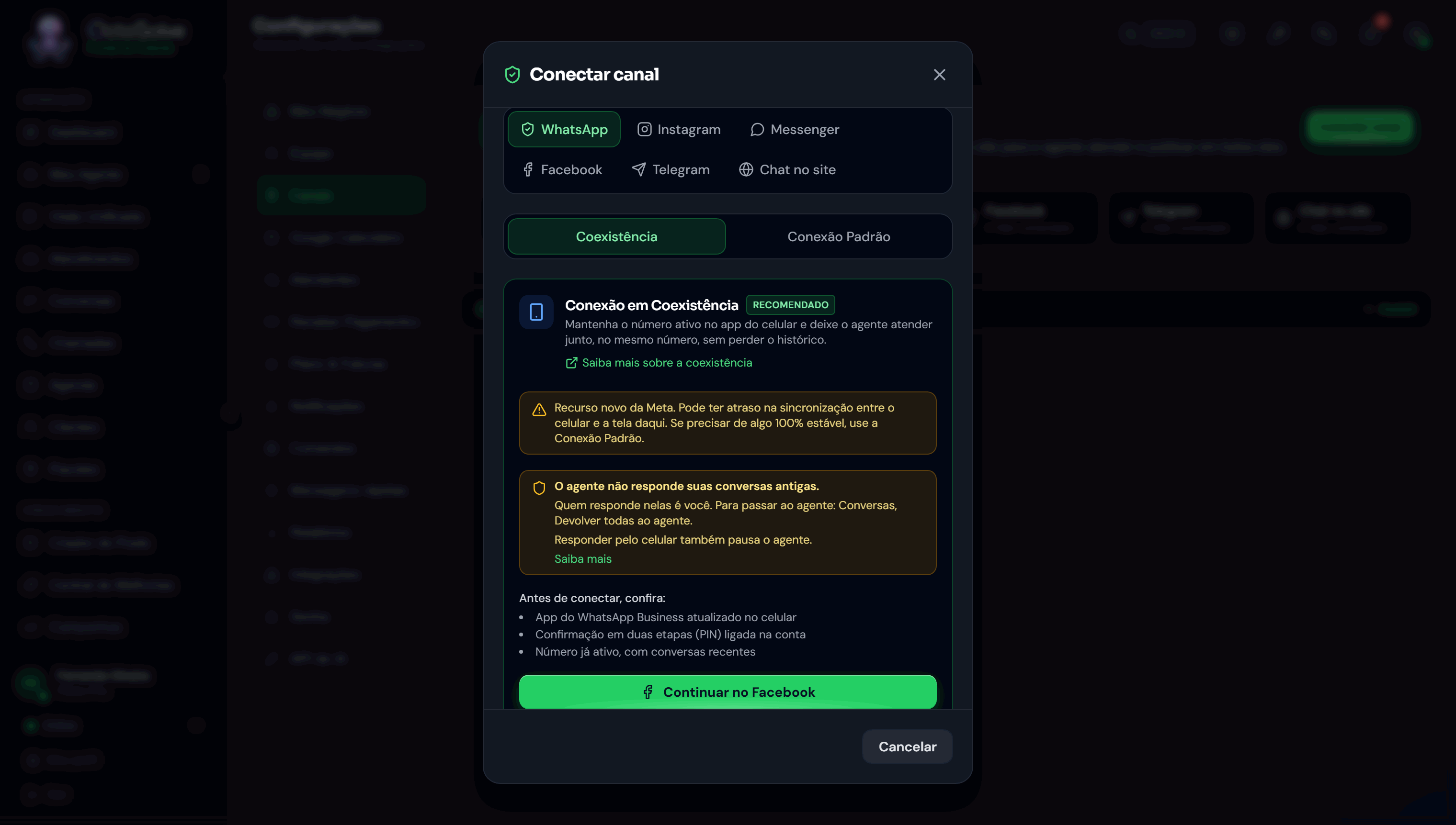 Fim do cartão de coexistência com a lista Antes de conectar confira e o botão Continuar no Facebook