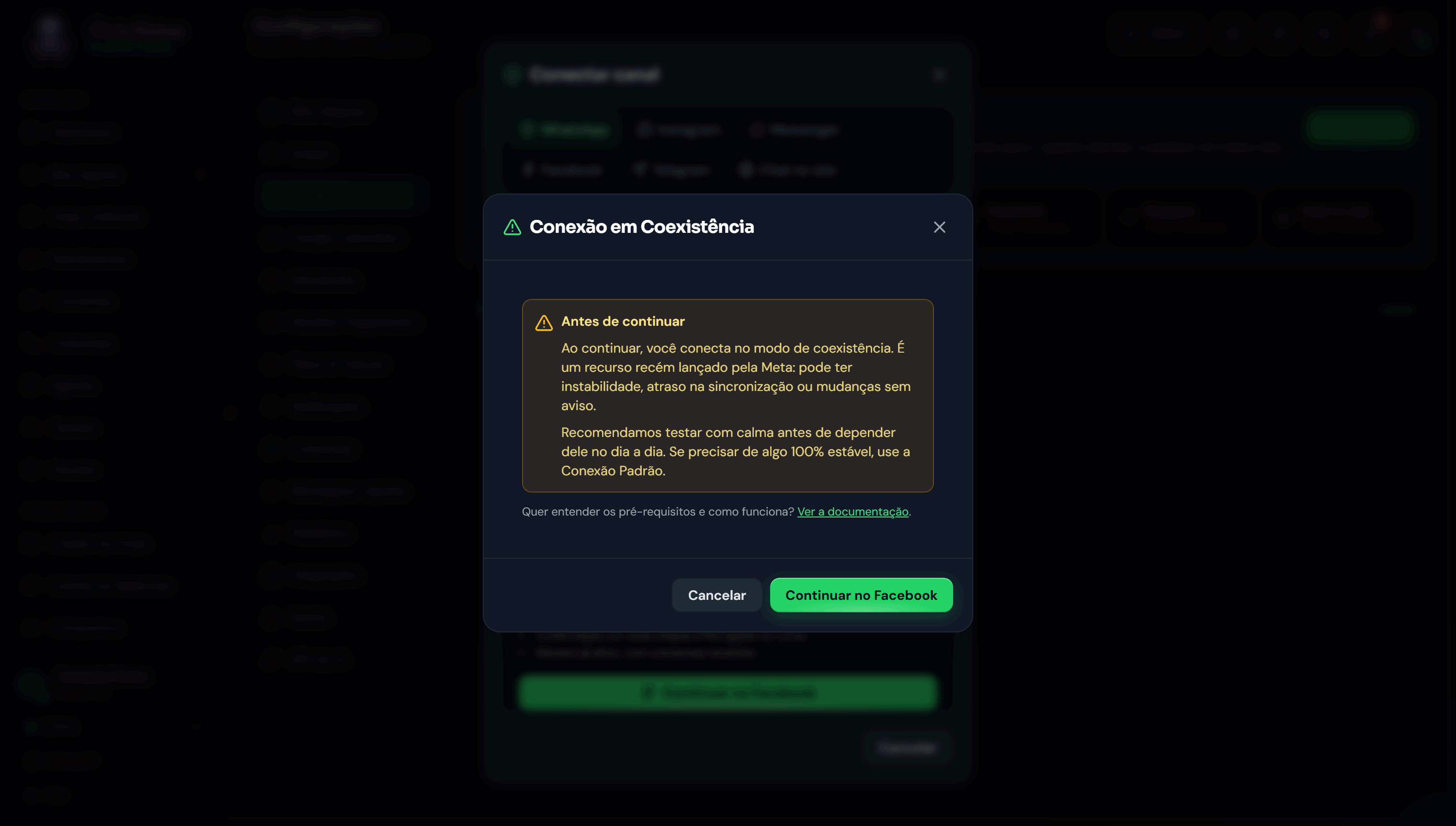 Janela de confirmação Conexão em Coexistência com o aviso Antes de continuar