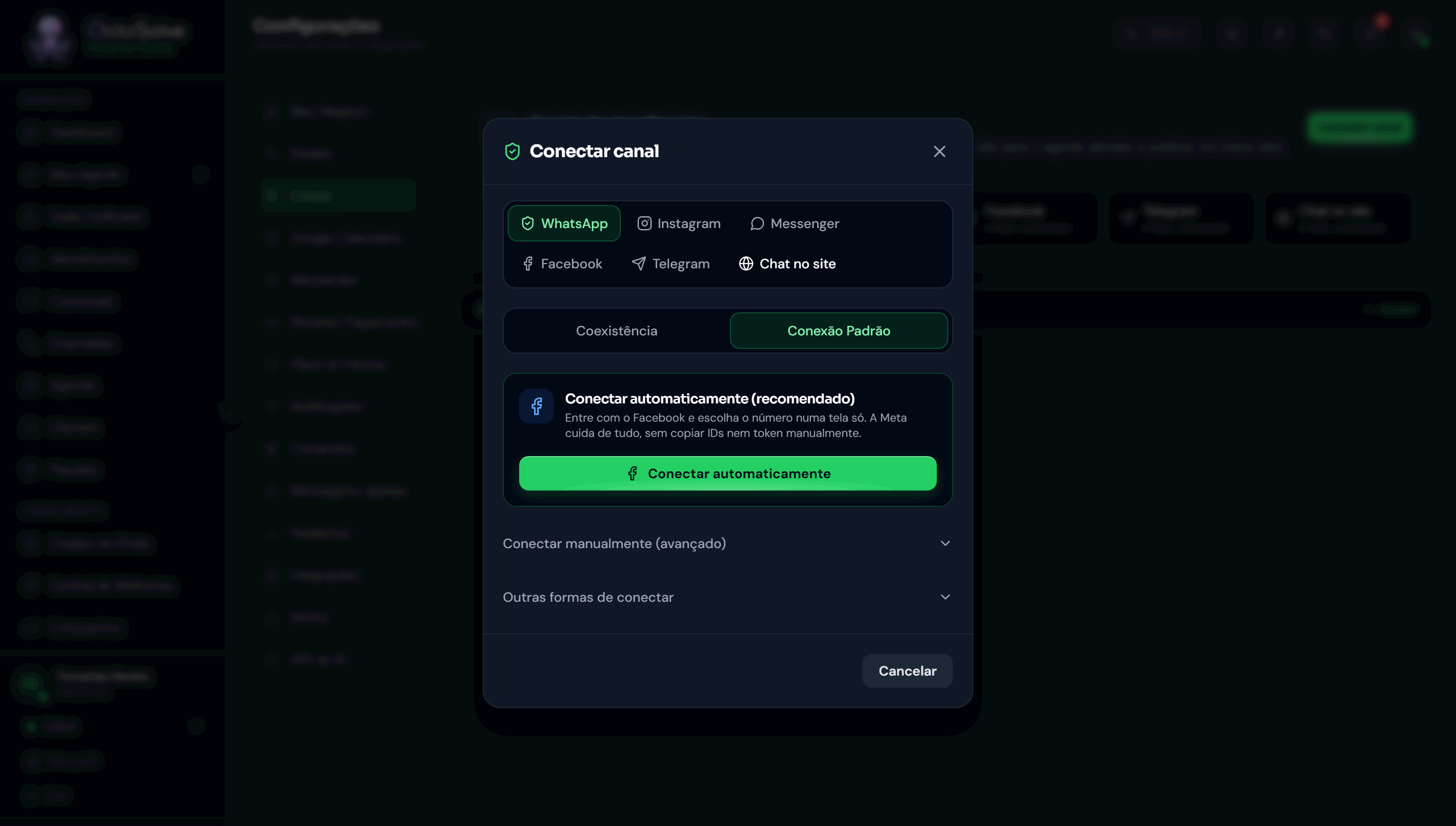 Janela Conectar canal com a aba Conexão Padrão selecionada