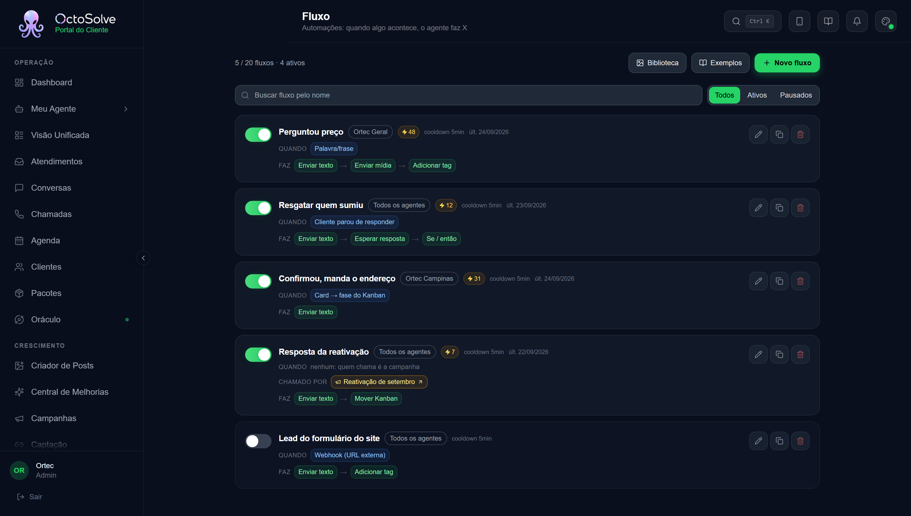 Lista de fluxos com o contador 5 de 20, os botões Biblioteca, Exemplos e Novo fluxo, a busca e os filtros Todos, Ativos e Pausados, e cada fluxo com a chavinha, o agente, os disparos, o cooldown e o último disparo
