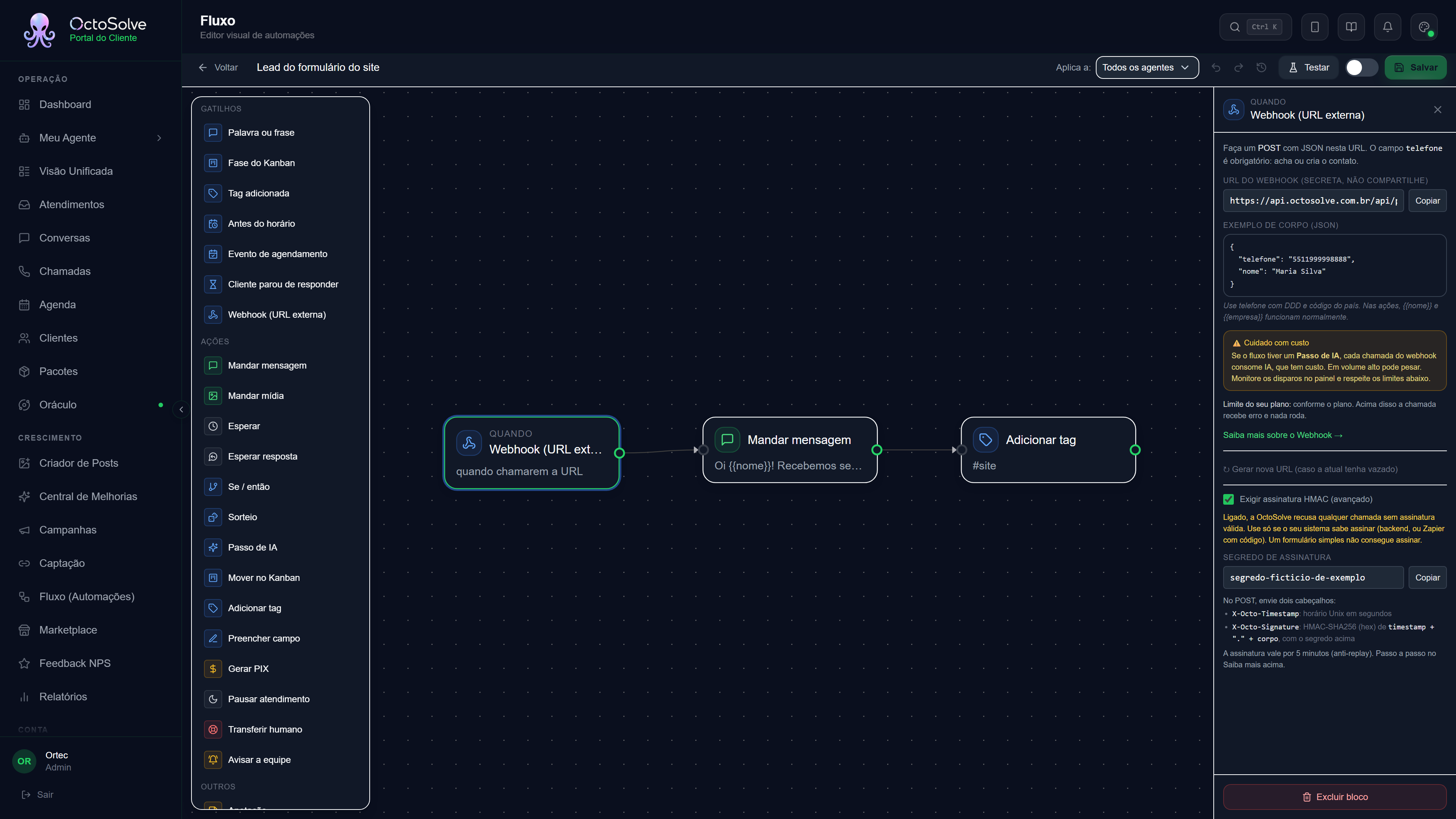 Painel do gatilho Webhook com a URL secreta e o botão Copiar, o exemplo de corpo em JSON, o aviso de custo, o link Gerar nova URL e a opção Exigir assinatura HMAC ligada com o segredo de exemplo