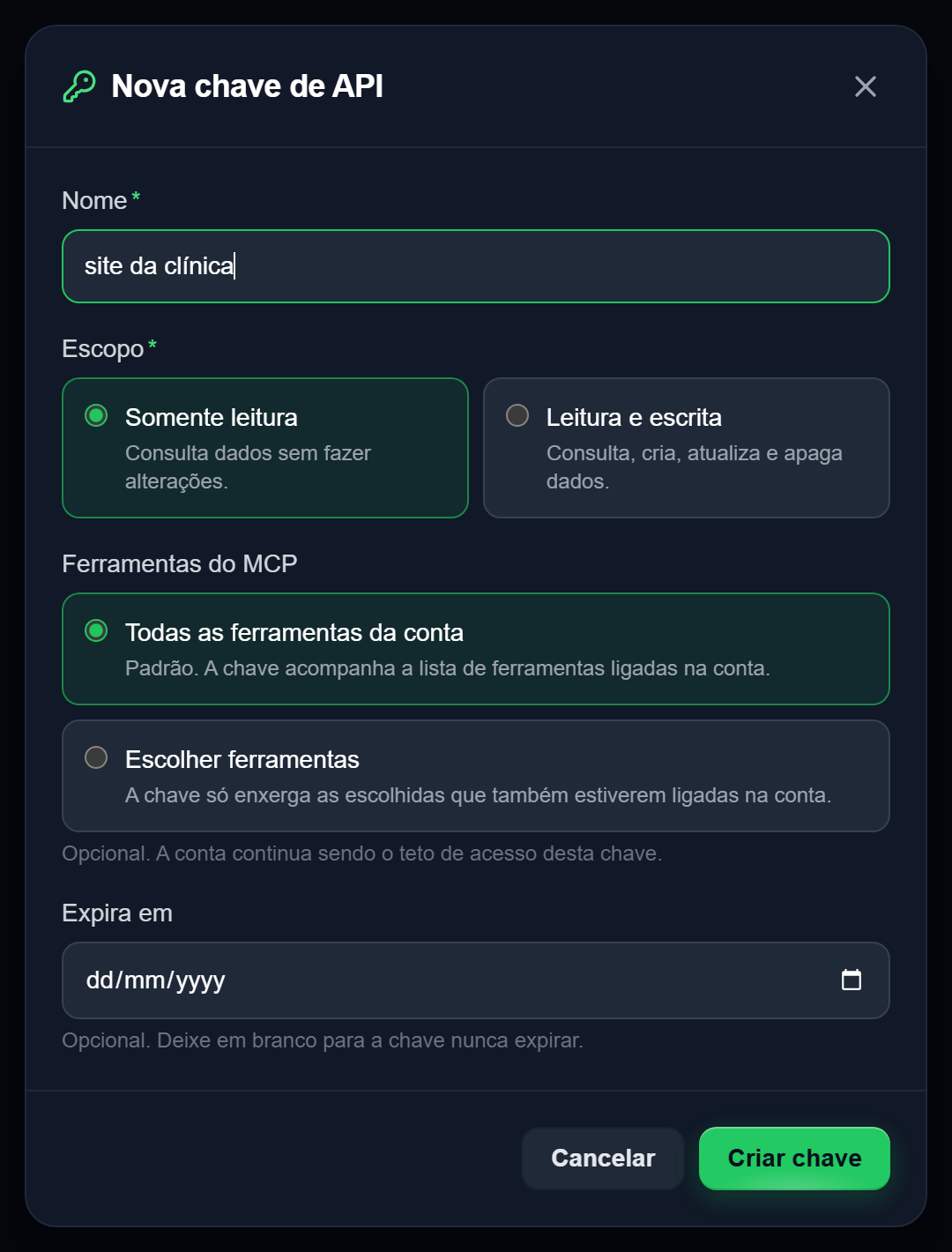 Janela Nova chave de API com os campos Nome, Escopo (Somente leitura ou Leitura e escrita), Ferramentas do MCP e Expira em