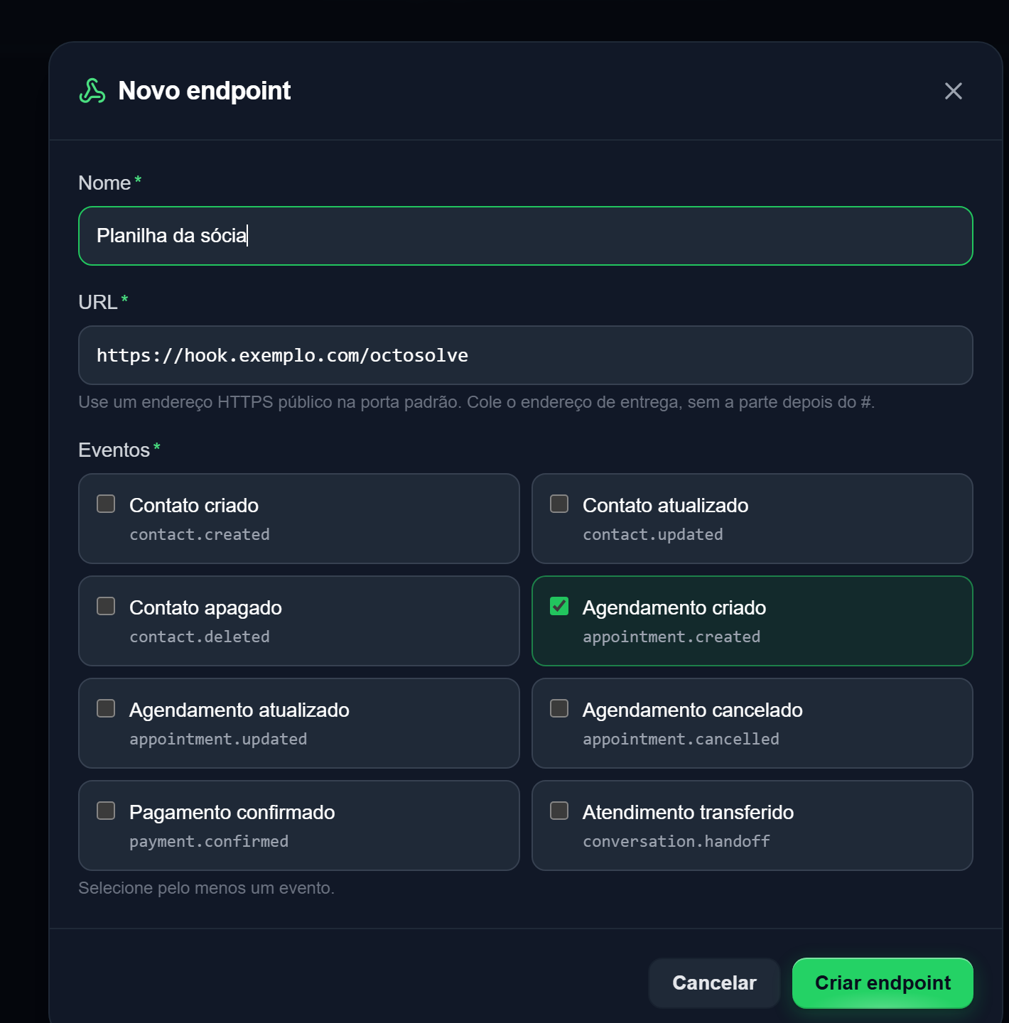 Janela Novo endpoint com os campos Nome e URL e a lista dos oito eventos para marcar