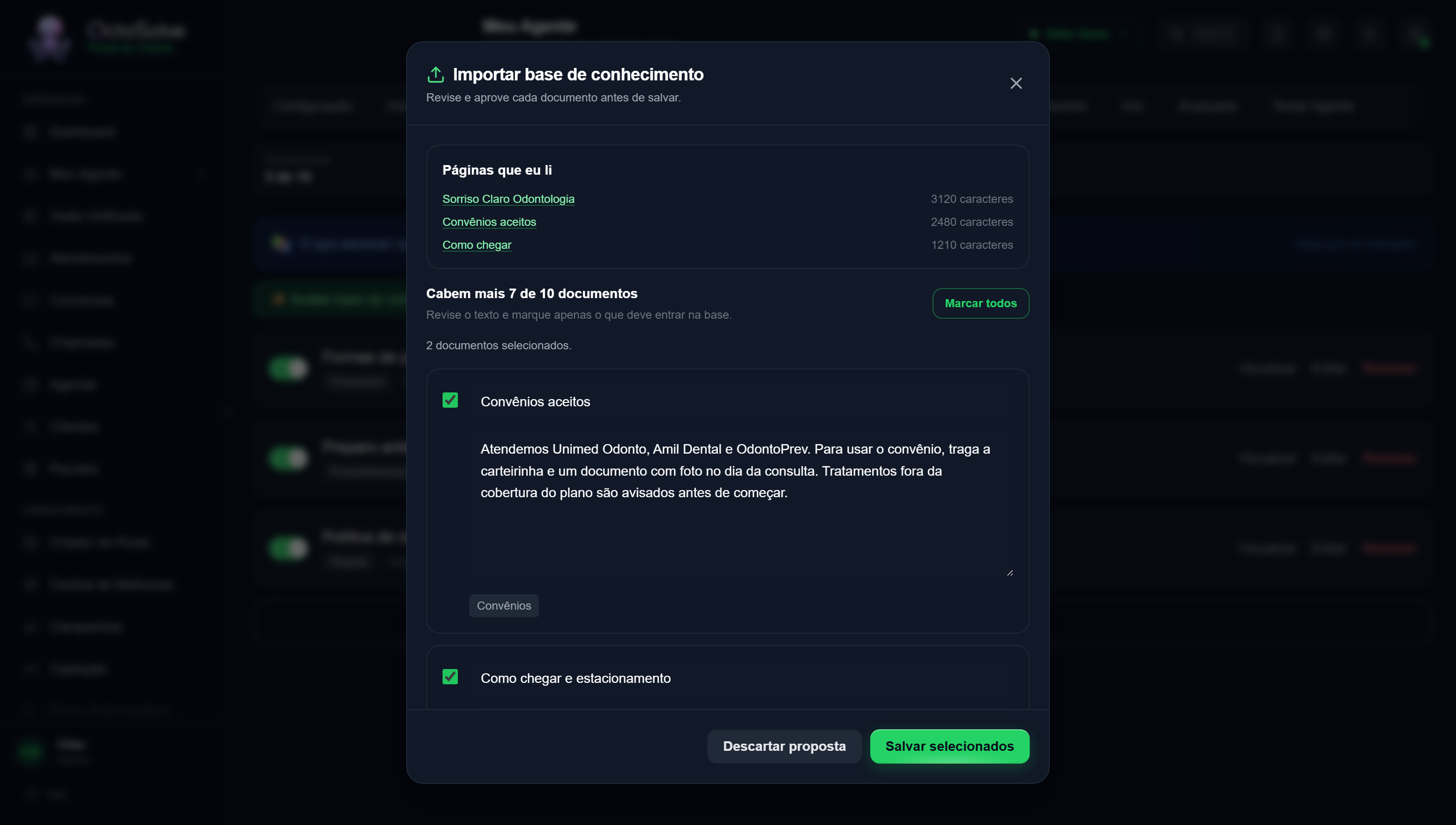 Proposta pronta com as páginas lidas, a frase Cabem mais 7 de 10 documentos e os documentos sugeridos com caixa de marcar