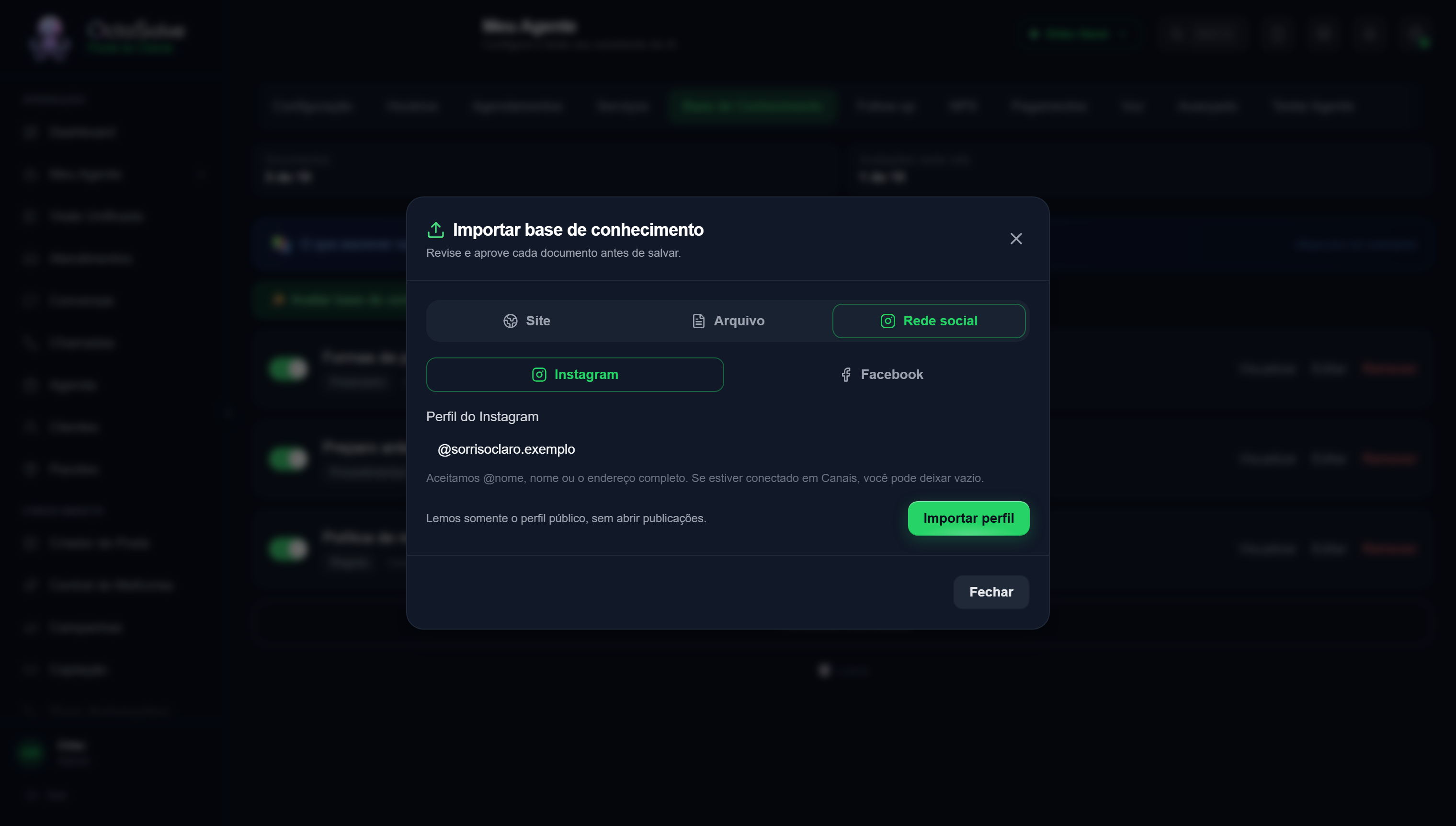 Janela Importar base de conhecimento na aba Rede social, com Instagram selecionado e o perfil preenchido