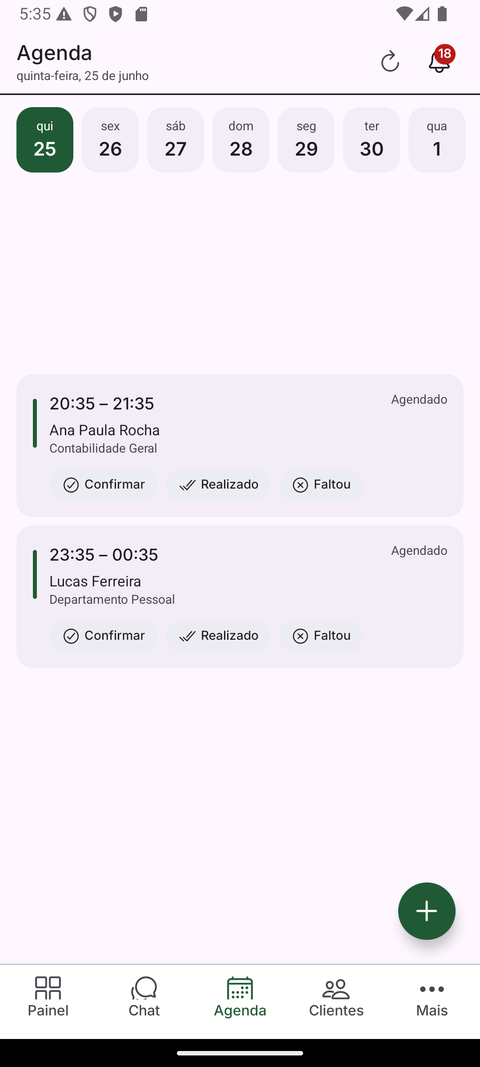 Aba Agenda do app mobile com os agendamentos do dia e botoes de confirmar, realizado e faltou
