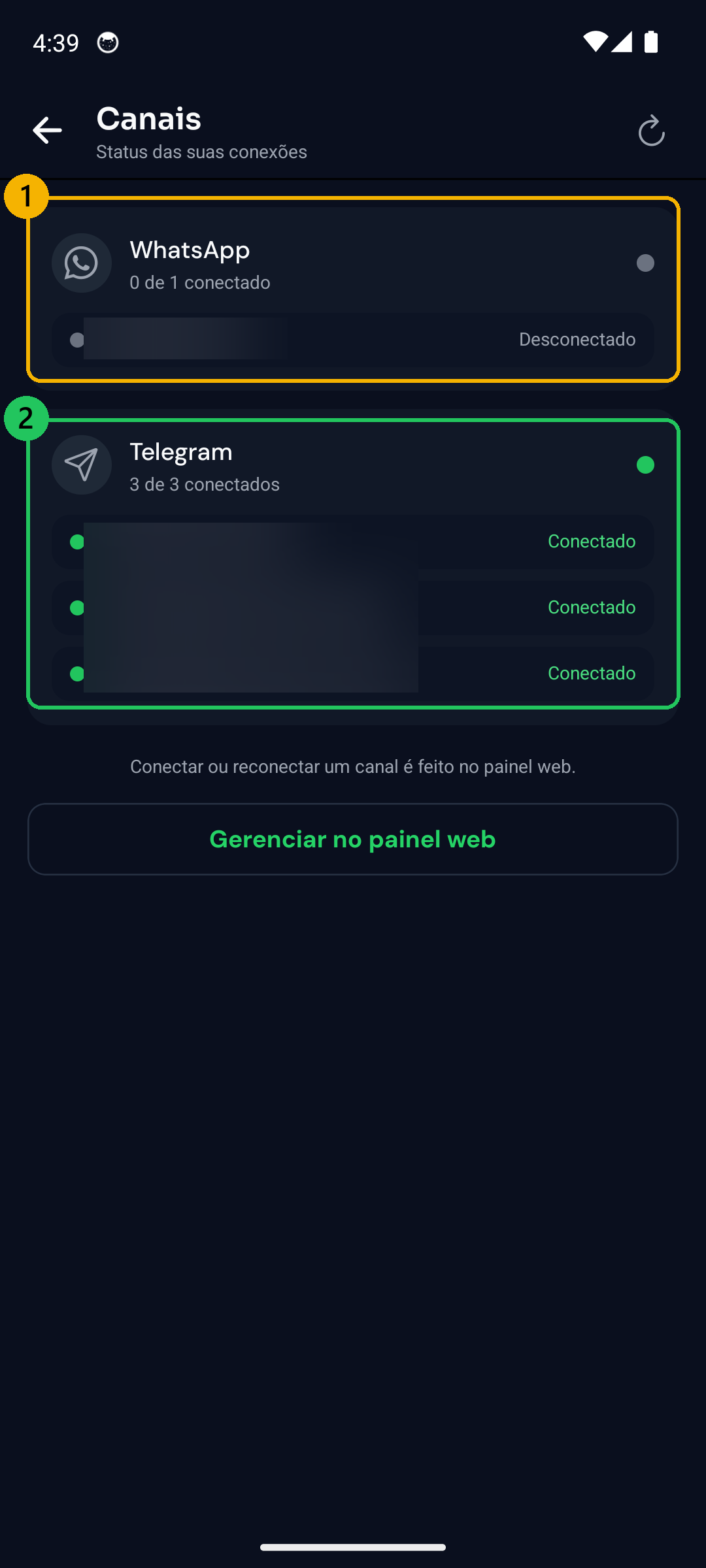 Tela Canais com o status de WhatsApp e Telegram, conectado e desconectado