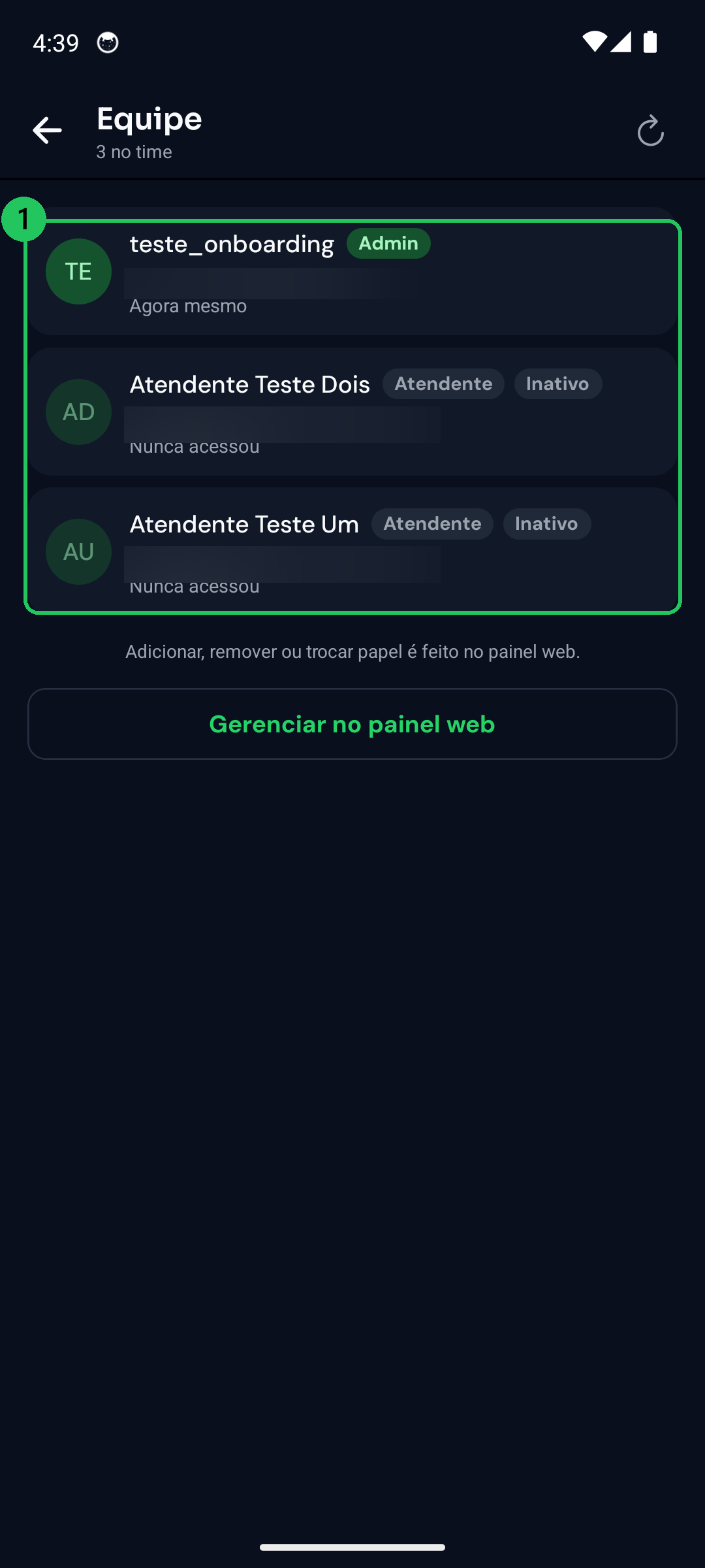Tela Equipe com os membros do time, papel e ultimo acesso