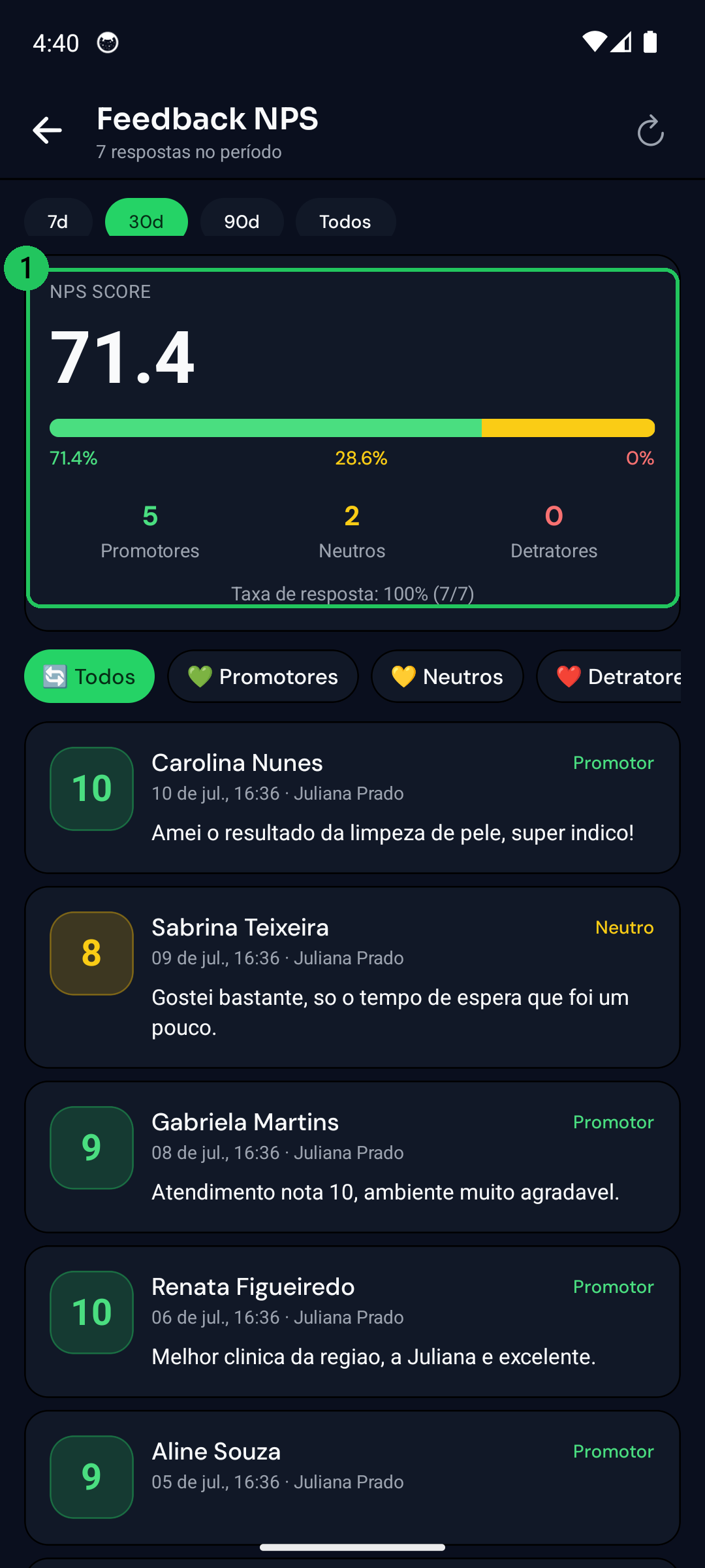 Tela Feedback NPS com o score, distribuicao de promotores e neutros e os comentarios dos clientes