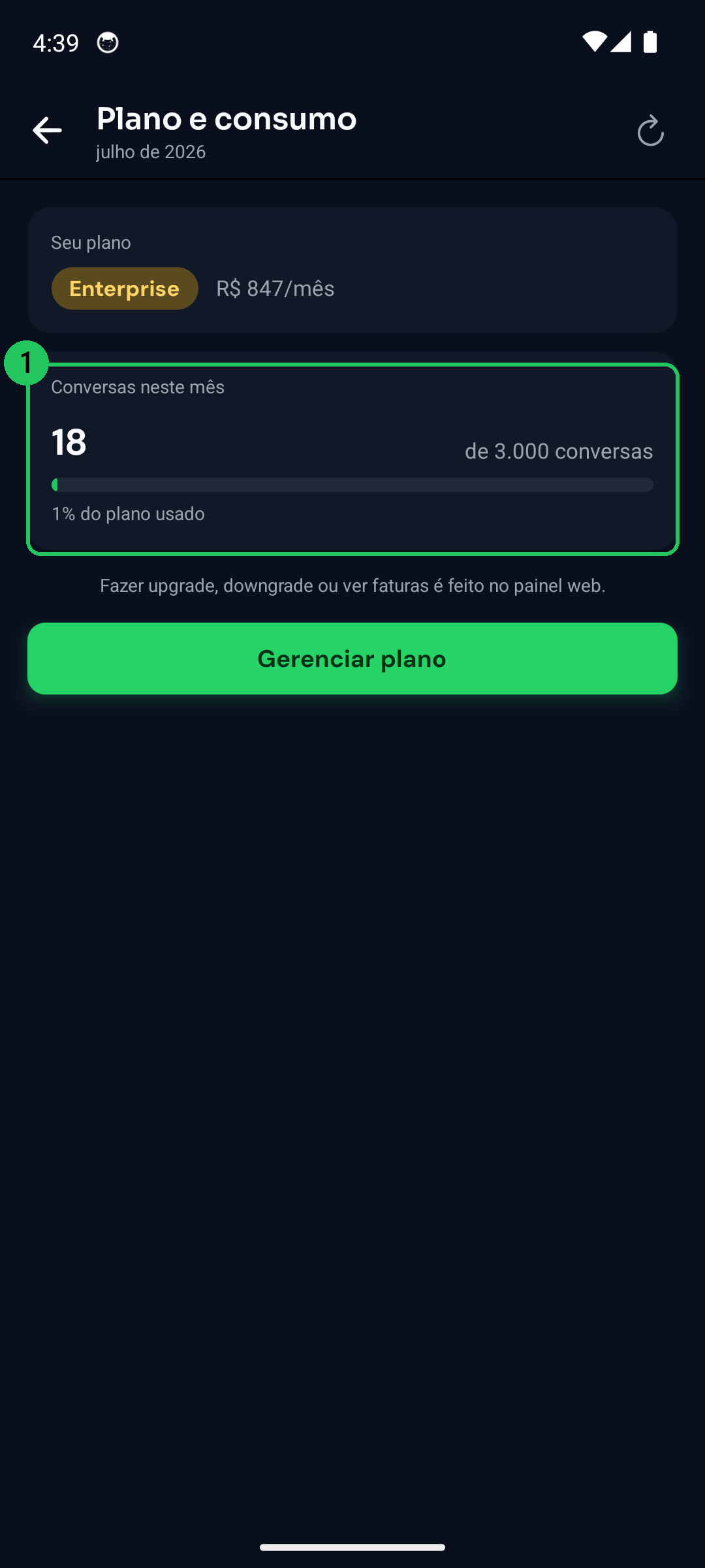 Tela Plano e consumo com o plano atual e a barra de conversas usadas no mes