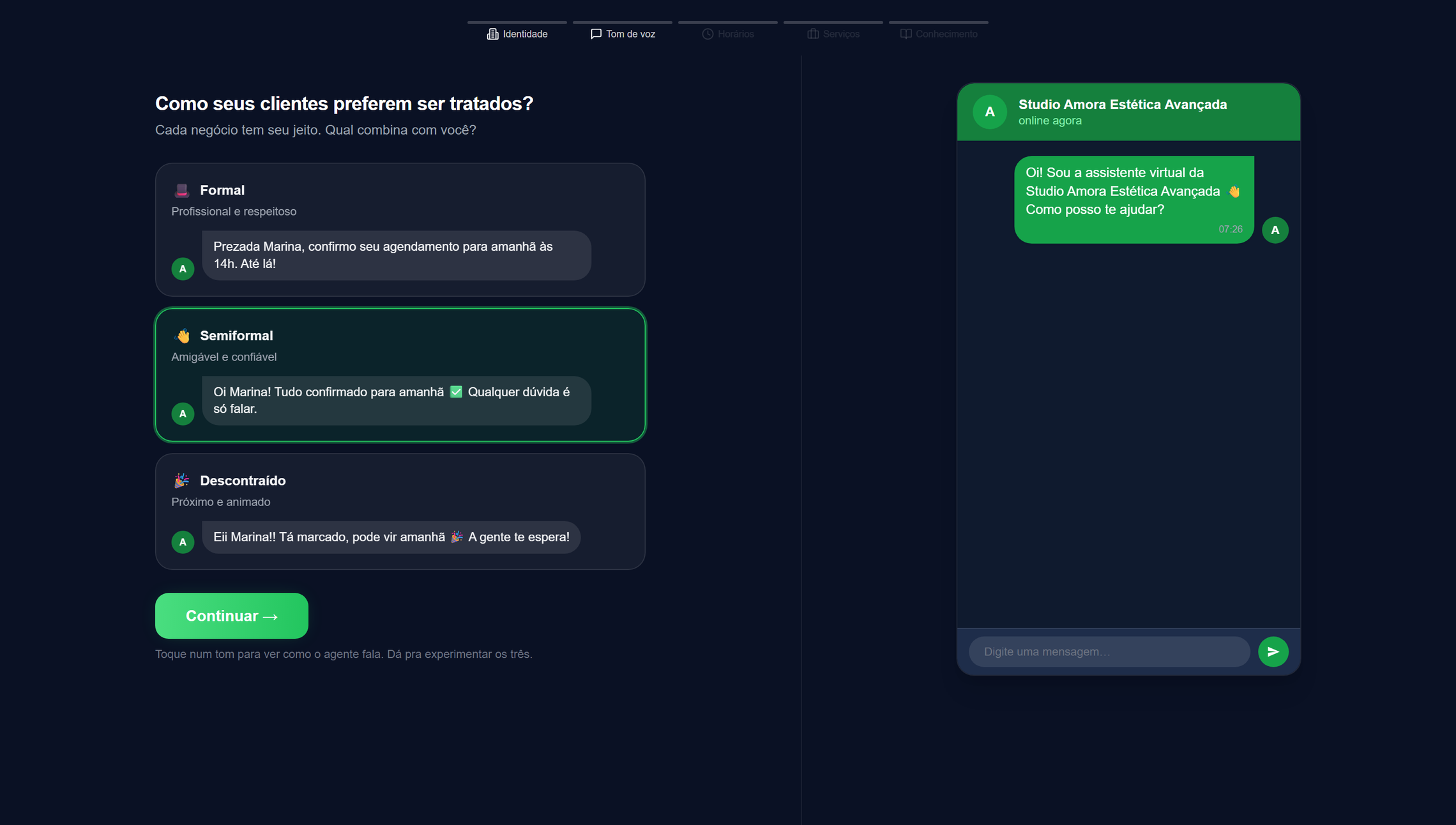Etapa Tom de voz: três cartões, Formal, Semiformal e Descontraído, com a prévia do WhatsApp ao lado
